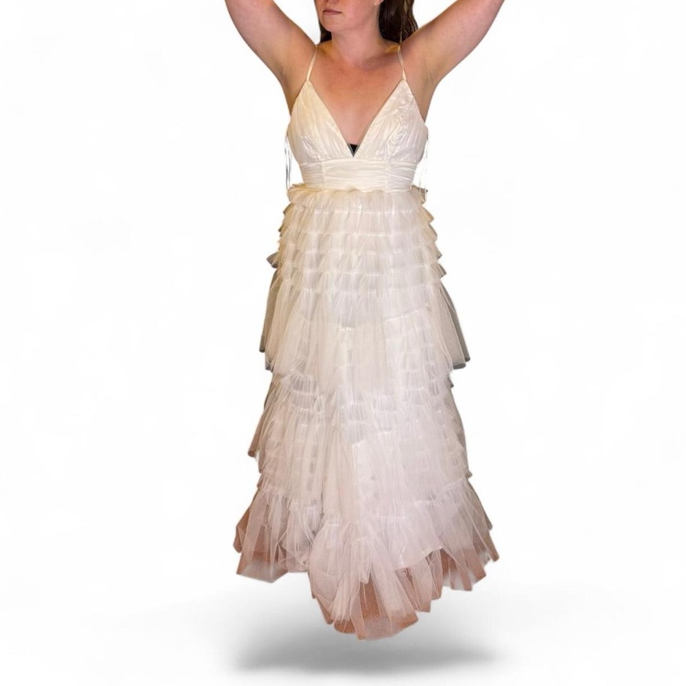 NWT Mable Anthropologie Tiered Boho Ruffle Tulle Wedding Formal Gown, Size S.